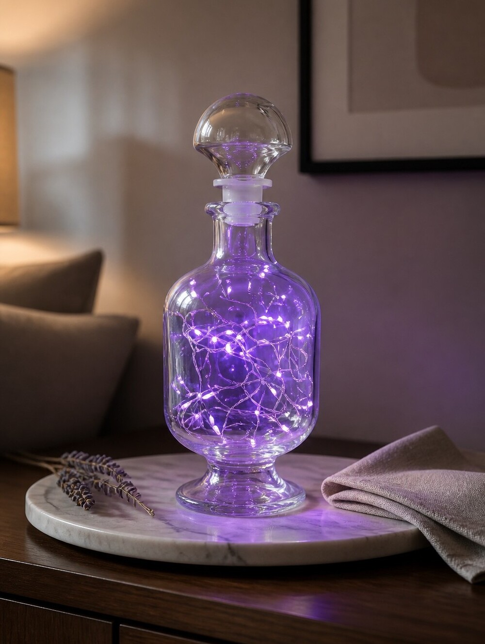 Elegant Glass Bottle with Purple LED Lights